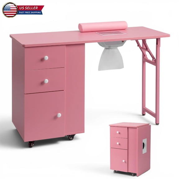 Hassch Rolling Foldable Manicure Station with Dust Collector, 46.5-Inch Nail Table with Storage Drawers, Cabinet and Lockable Wheels for Professional Salon Use, Pink