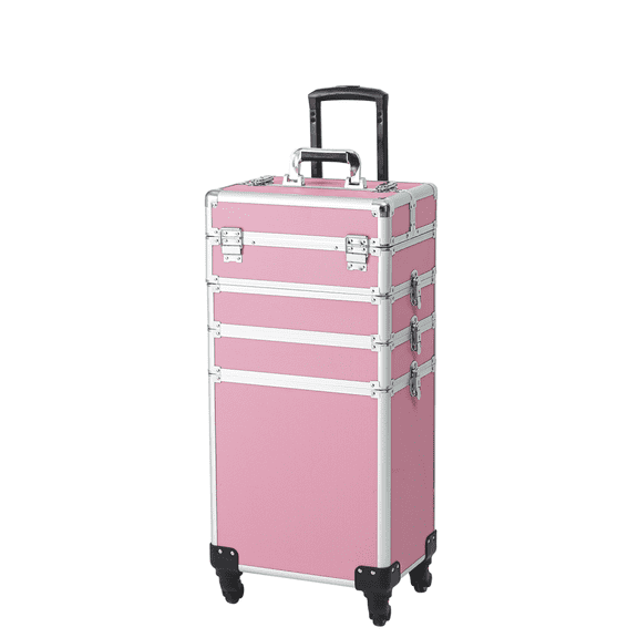 Hassch Rolling Makeup Train Case, Storage Cosmetic Trolley, 4 in 1 Large Capacity Makeup Travel Case with Keys, Salon Barber Case, Pink