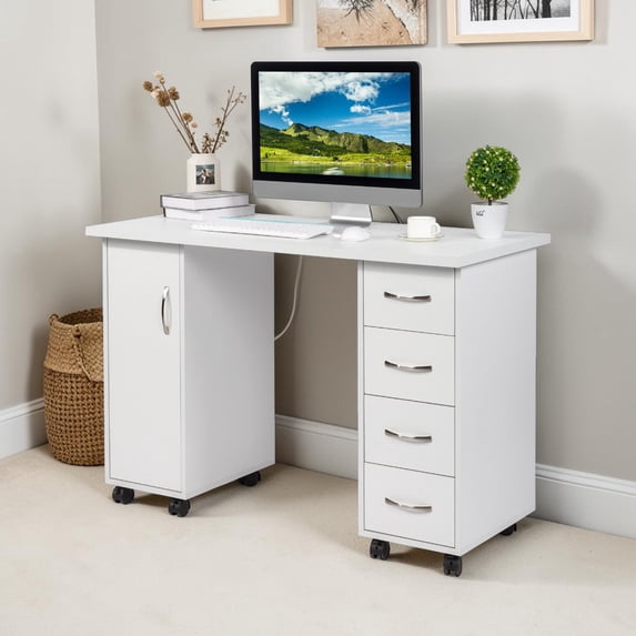 Hassch Rolling Manicure Table Workstation on Wheels, 43.3" Compact Mobile Workstation with 4 Drawers, Wrist Rest and Spacious Top for Beauty Salon, Spa and Home Use, White