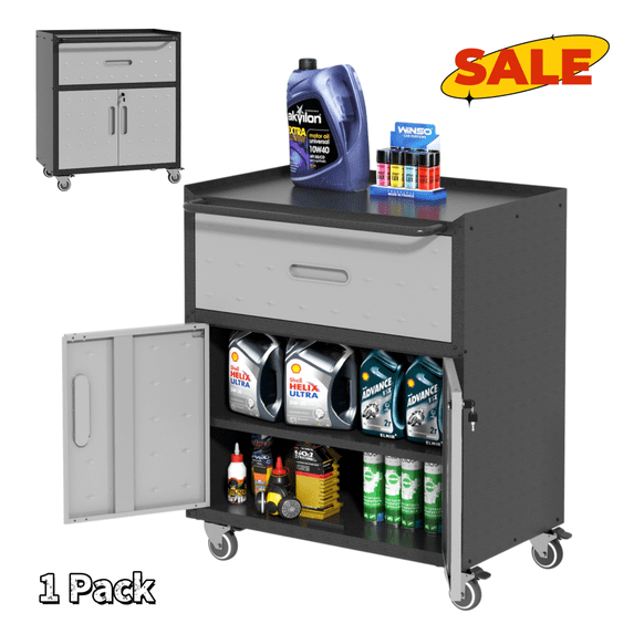 Hassch Rolling Storage Cabinet with Lock, Tool Cabinet with Drawer and 2 Doors, Lockable Metal Cabinet with Adjustable Shelf for Warehouse, Basement, Garage, Black & Gray