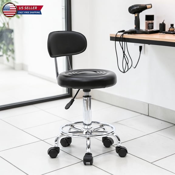 Hassch Rolling Swivel Stool with Backrest, Height-Adjustable PU Leather Armless Drafting Chair with Round Padded Seat and Chrome Plated Base, for Home Office Spa Studio Salon Shop (Black)
