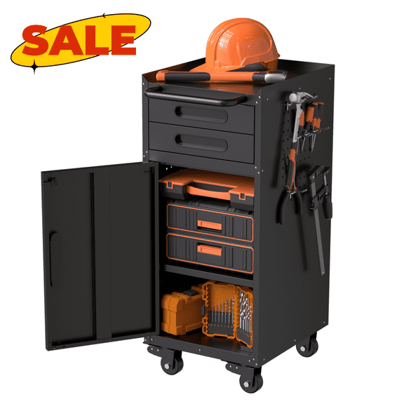 Hassch Rolling Tool Cabinet with Lockable Door, Slim Storage Cabinet with Adjustable Shelf and 2 Drawers for Garage, Basement, Workshop, Space Saving, Black