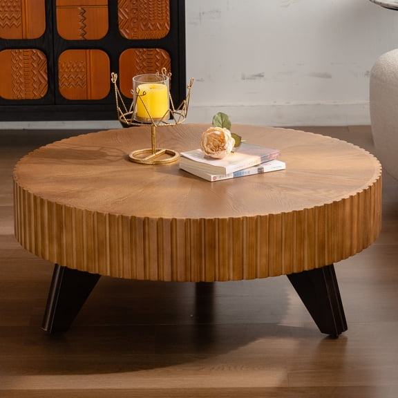 Hassch Round Coffee Table, Mid Century Modern Wood Cocktail Table for Living Room Home Office Small Space, 35.4" Low Center Table, Natural