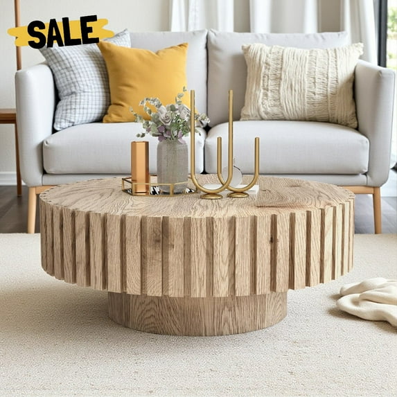 Hassch Round Coffee Table in Natural Wood Finish, 31.5" Multi-Functional Living Room Center Tea Table, Minimalist Design, Easy Assembly