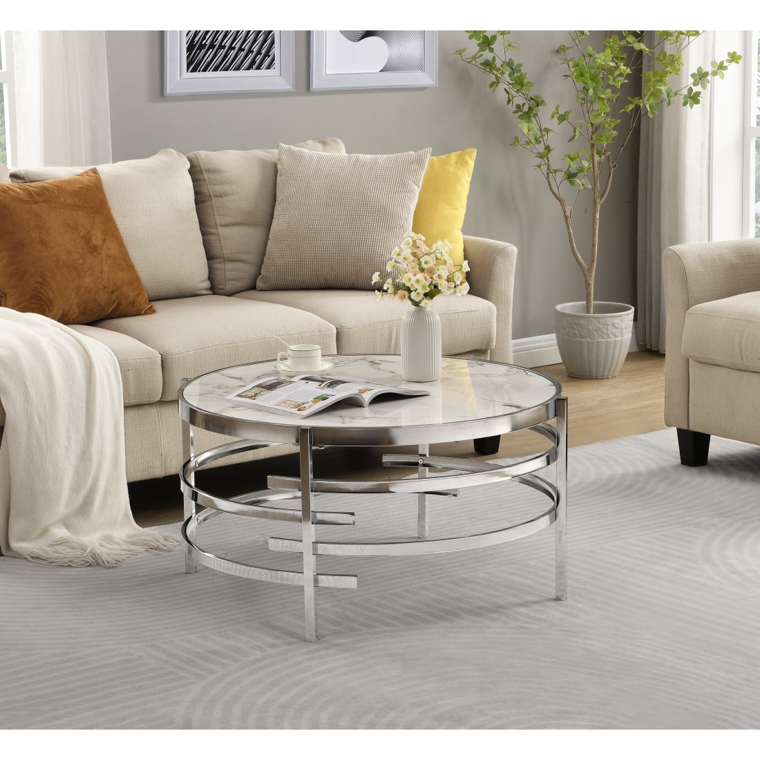 Hassch Round Coffee Tables w/ 32 Inch Sintered Stone Top and Sturdy ...