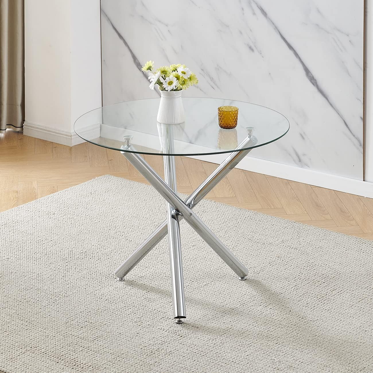 Hassch Round Tempered Glass Dining Table for 2-4, 35.43 Inch Modern Kitchen Table with Silver ...