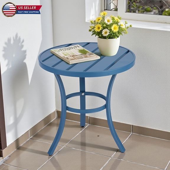 Hassch Round Metal Side Table, 19.5"Dia All-Weather Patio End Table, Multi-Use Indoor Outdoor Plant Stand Drink Table for Balcony Bedroom, Space-Saving Design, Navy Blue
