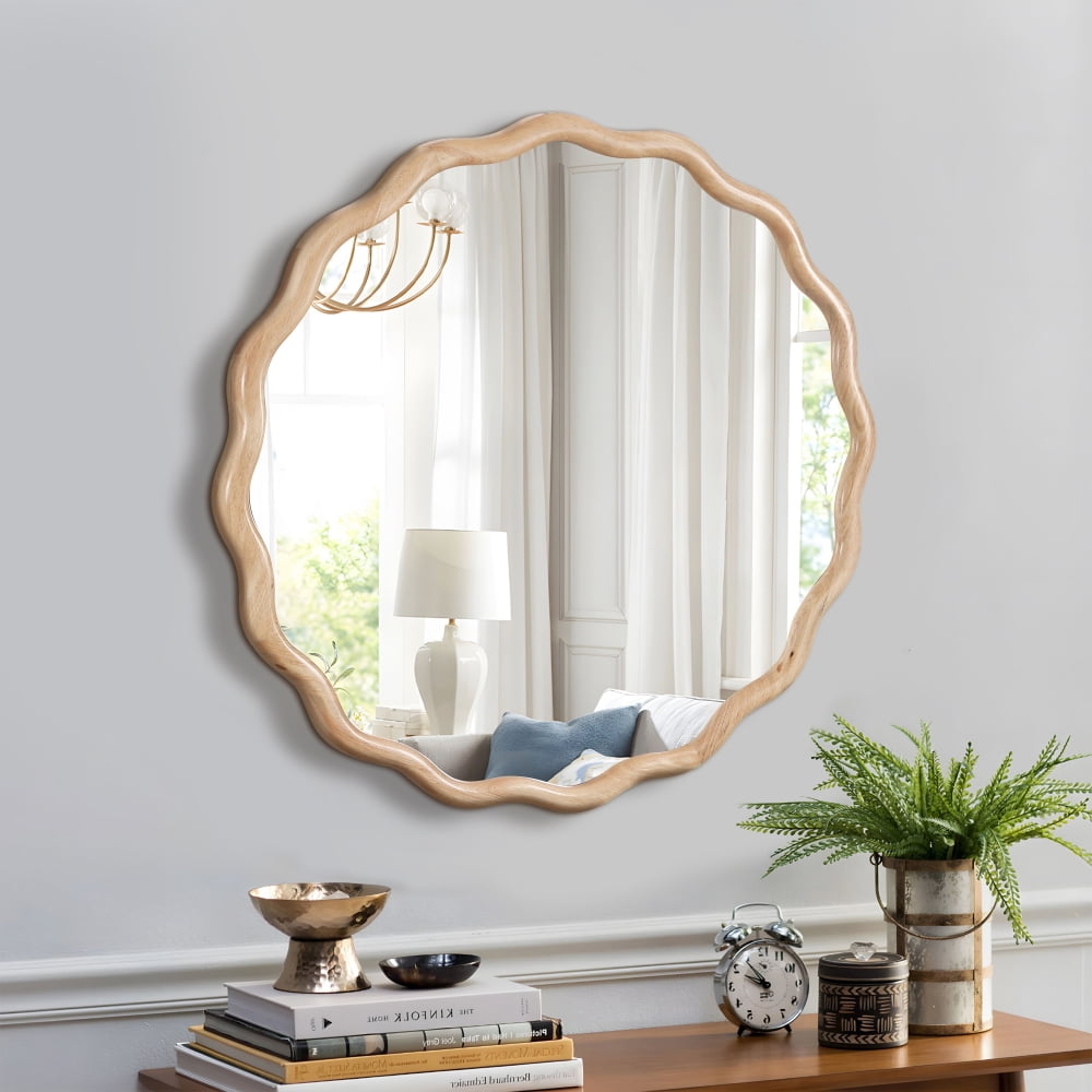 Natural Wood Round Wall Mirror with Wavy Frame, 36 Inch