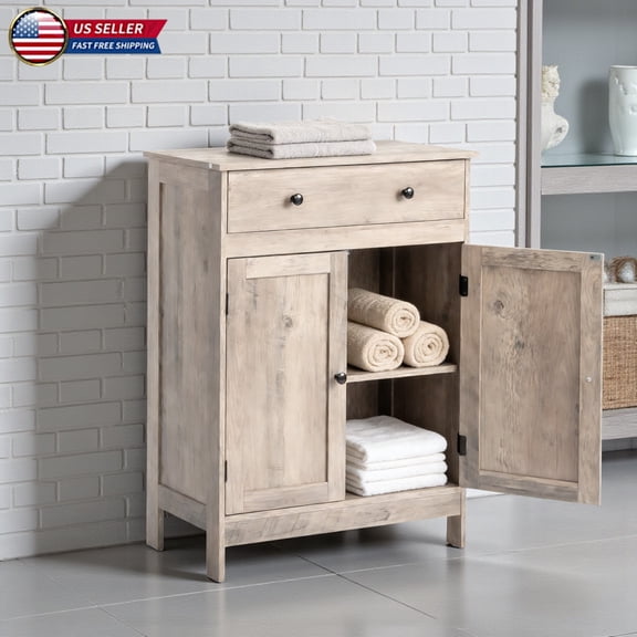Hassch Rustic Bathroom Cabinet in Gray Wash, Compact Floor Storage Organizer with 1 Drawer & 2 Doors, Moisture-Resistant Wood Cupboard for Towels, Cleaning Supplies & Essentials