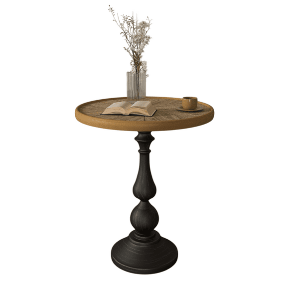 Hassch Rustic Farmhouse Accent End Table, 19.9" Round Decorative Side Table with Natural Wood Tray Top and Black Metal Pedestal Base, for Family, Dinning or Living Room