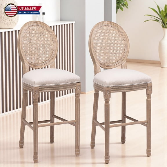 Hassch Rustic French Country Bar Stools Set of 2, Farmhouse Counter Height Chairs with Carved Wooden Legs, Upholstered Padded Seat & Oval Rattan Backrest, Beige+Natural