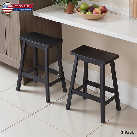 Hassch Saddle-Seat Kitchen Counter Barstools Set of 2, 24.2-Inch Height, Solid Wood Backless Pub Stools, Easy to Assemble, Black