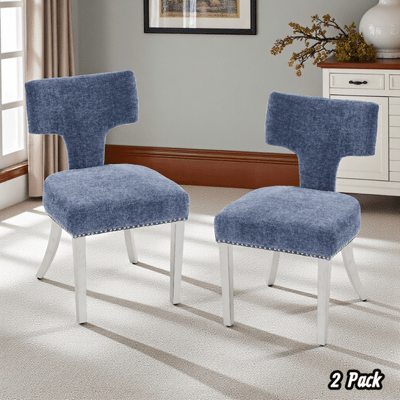 Hassch Set of 2 Dining Side Chairs, Chenille Upholstered with High-Density Foam, Curved Backrest, Copper Nailhead Trim, Silver Stainless Steel Legs (Blue)