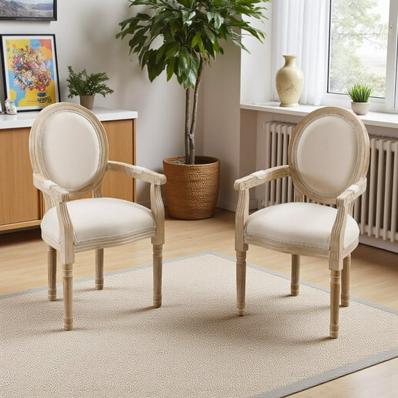 Hassch Set of 2 French Style Wooden Dining Armchairs, Vintage Kitchen Chairs with Linen Upholstered Oval Backrest & Padded Seat, and Carved Rubberwood Legs, Beige