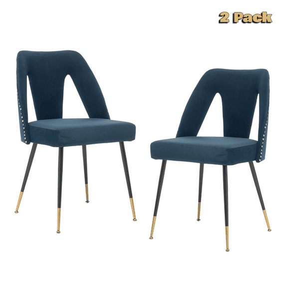 Hassch Set of 2 Contemporary Velvet Dining Chairs, Upholstered Kitchen Side Chairs with Nailhead Back and Black Metal Legs (Blue)