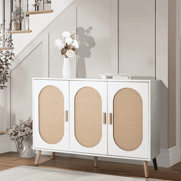 Hassch Shoe Cabinet with 3 Rattan Doors, Freestanding Shoe Storage Organizer with Adjustable Shelves, 4-Tier Hidden Shoe Rack for Entryway, Hallway, Living Room, White