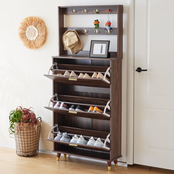 Hassch Shoe Cabinet with Coat Rack, Brown Wooden Shoes Cabinet for Entryway, 8 Coat Hooks & 3 Narrow Storage Flip Drawers, Modern Shoe Rack Organizer Cabinet for Hallway