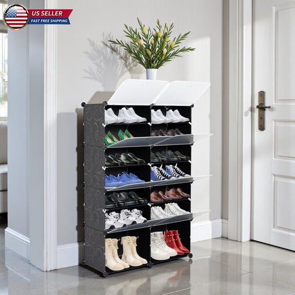 Hassch Shoes Cube Storage Organizer with Translucent Doors, DIY Modular Cabinet with 14 Compartments, for Entryway or Bedroom, 31.5"L x 12"W x 47.25"H, Black