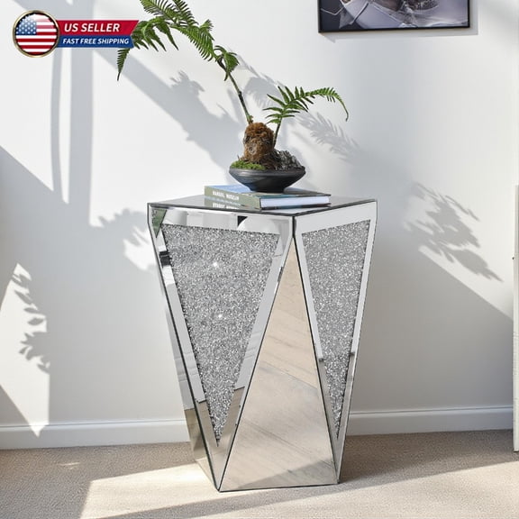 Hassch Silver Mirrored Side Table with Diamond Inlay, Modern Inverted Triangular Base Accent End Table for Bedroom, Living Room, Home Corners, No Assembly, 13.8"L x 13.8"W x 23.6"H