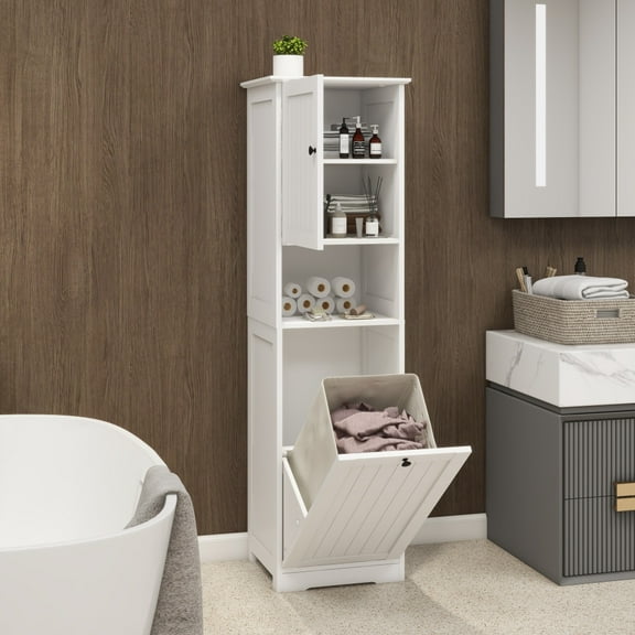 Hassch Slim Tilt Out Laundry Hamper Cabinet, 55" Tall Bathroom Storage Laundry Cabinet with Shelves and Clothes Basket, for Laundry Room/Bathroom Organizer, White