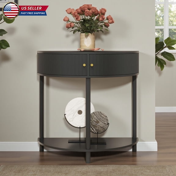 Hassch Small Curved Entryway Table, 2-Door Wooden Console Table with Open Shelf, Space-Saving Half-Round Sofa Table in Dark Gray, 31.5"L x 15.75"W x 32.3"H