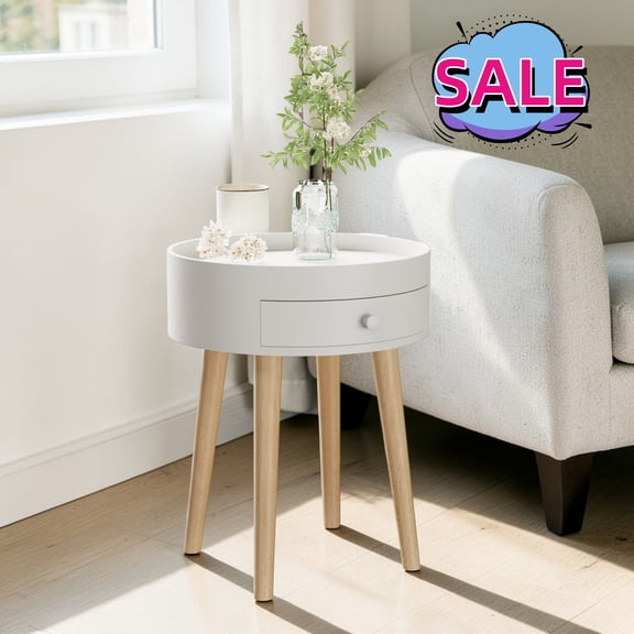 Hassch Small Night Stand with Storage Drawers, 15" Round Bedside Table, End Table for Bedroom, Living Room, White
