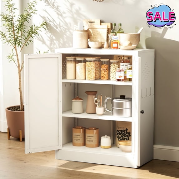 Hassch Small Pantry Cabinet with 2 Doors, Farmhouse Metal Storage Cabinet with Side Hooks and Adjustable Shelves, Buffet Sideboard for Kitchen, Dining Room, Easy Assembly, White