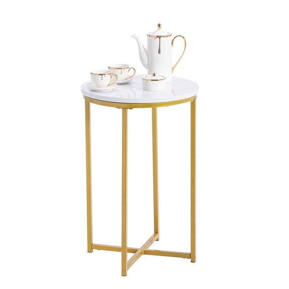 Hassch Small Side Table, 15.7" Round End Table, Nightstand with Faux Marble Top and Metal Frame for Bedroom, Living Room, Easy Assembly, White & Gold