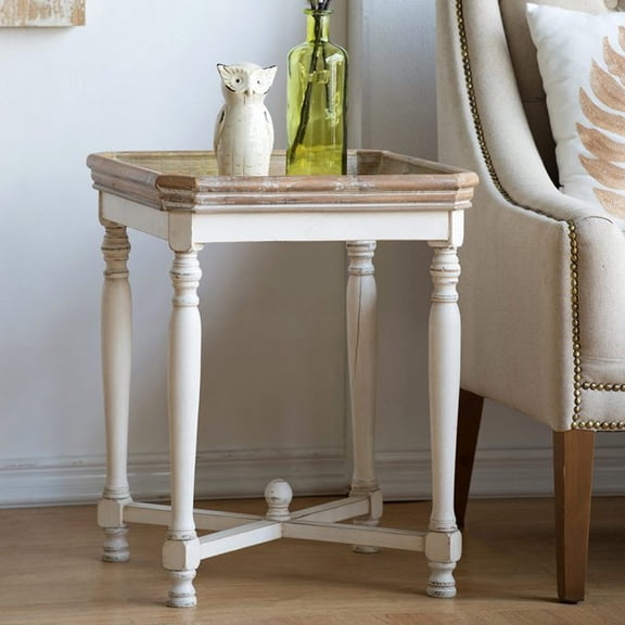 Hassch Sofa Side Table with Natural Square Tray Top, Farmhouse Style End Table French Country for Bedroom Living Room Small Space, Distressed White