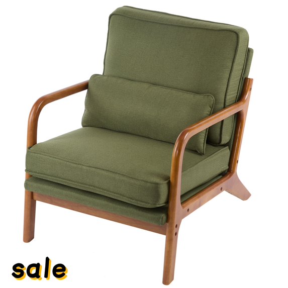 Hassch Solid Wood Accent Chair, Mid Century Linen Reading Chair, Comfy Leisure Chair with Pillow & Thick Cushion, Easy Assembly, Green