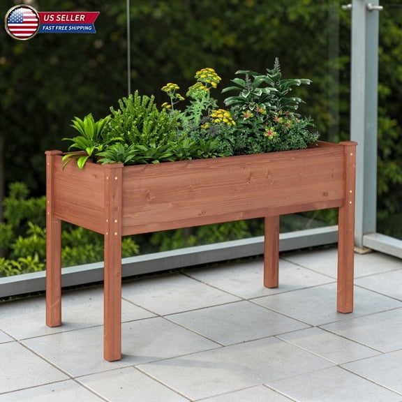Hassch Solid Wood Raised Garden Bed in Brown, 48-Inch Rectangle Planter Box with Elevated Legs & Drainage & Liner, for Outdoor Balcony/Patio/Deck, Easy Assembly