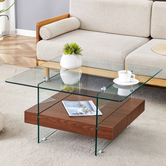 Hassch Square Coffee Table with Walnut Wood Finish Storage Shelf, Modern Living Room Center Table with Clear Glass Desktop, 31.4"L x 31.4"W x 16.6"H