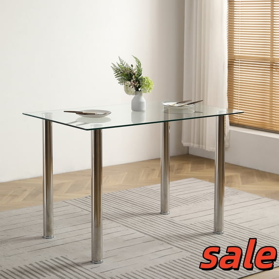 Hassch Square Dinner Table with Tempered Glass Tabletop, Modern Dining Kitchen Table with 4 Metal Legs, Easy Aseembly