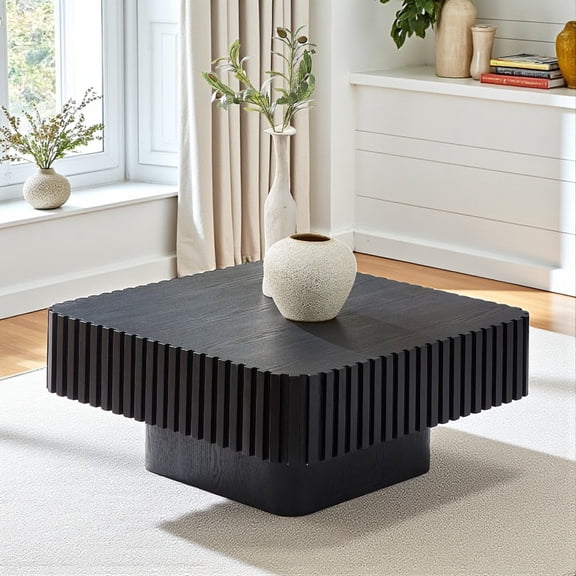 Hassch Square Pedestal Coffee Table for Living Room, 31.5" Compact Center Table with Wood Veneer Surface & MDF Base, Contemporary Accent Table, Black