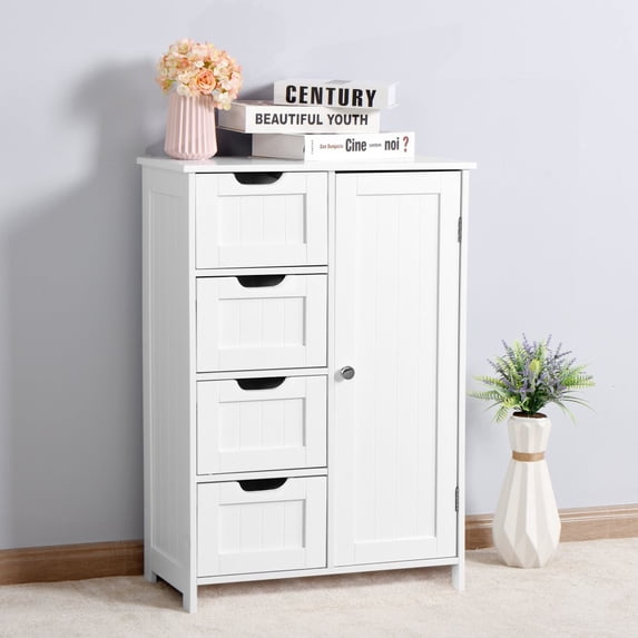 Hassch Storage Cabinet with Adjustable Shelf, Doors, 4 Drawers Floor Cabinet for Bathroom Living Room, White