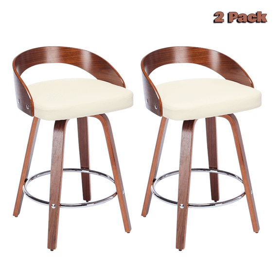 Hassch Swivel Bar Stools Set of 2, 24.8" Counter Height Stools with Beige Faux Leather Cushion Seat, Curved Wooden Low Back & Silver Metal Foot Ring, for Kitchen Island & Home Pub
