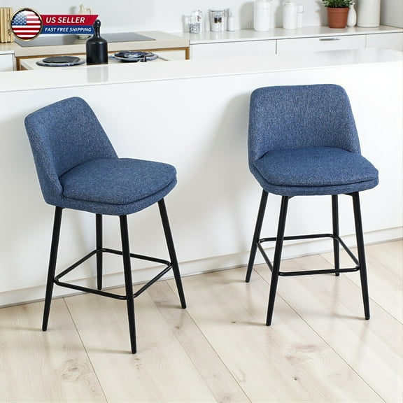 Hassch Swivel Barstools Set of 2, Upholstered Counter Height Armless Chairs with Curved Backrest and Sturdy Metal Legs for Kitchen Island, Home Bar, or Dining Room (Blue)