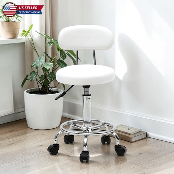 Hassch Swivel Round Rolling Stool, Adjustable PU Leather Padded Seat with Backrest & Footrest, Task/Work/Drafting Chair, Easy to Assemble (White)