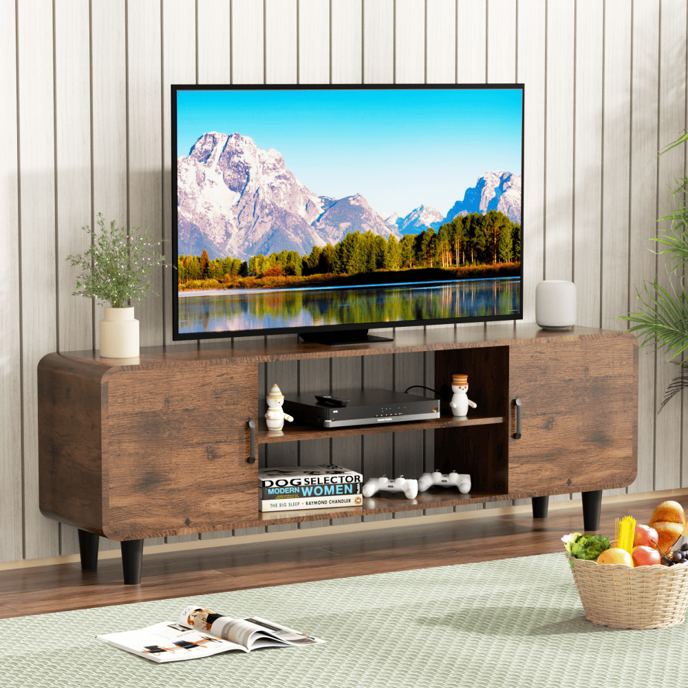Corrigan Studio® TV Stand with Open Storage Shelves, USB Port and Charging Station, Entertainment Center with 2 Storage Cabinets, Media TV Console Table for 55" TVs