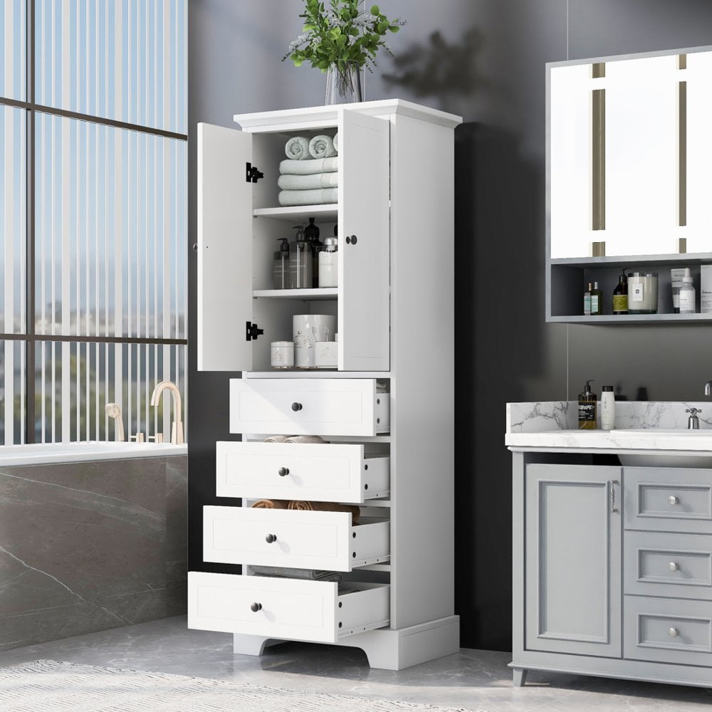 Hassch Tall Bathroom Storage Cabinet with 2 Doors and 4 Drawers Freestanding Floor Cabinet with Adjustable Shelves Large Wood Linen Cabinet for Bathroom Kitchen Living Room Storage White Walmart Busin...