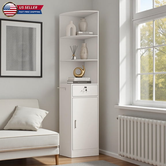 Hassch Tall Corner Storage Cabinet, 75" Freestanding Hair Styling Station with 3 Open Shelves, Drawer, Closed Door & Dryer Holder, Space-Saving Barber Organizer for Beauty Spa or Home Studio, White