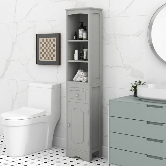 Hassch Tall Storage Cabinet Freestanding Wood Cabinet with Drawer & Adjustable Shelf for Bathroom Kithchen, Gray