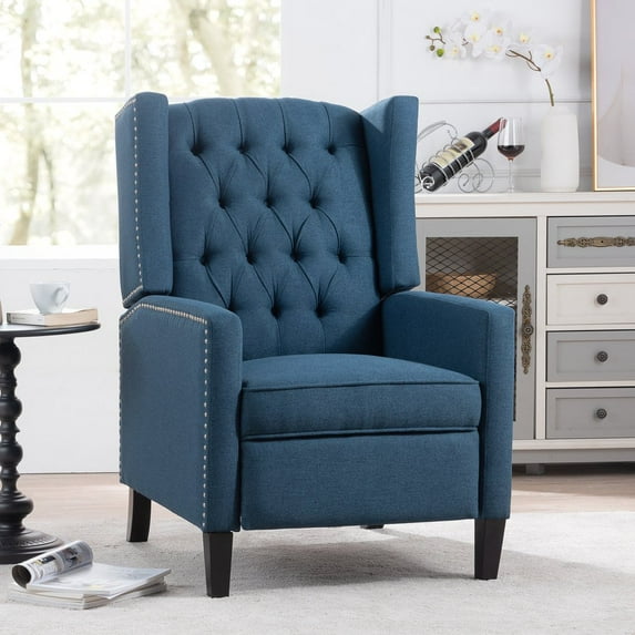 Hassch Tall Wingback Tufted Fabric Accent Chair, Vintage Club Seat Pushback Recliner Chair for Living Room (Blue)