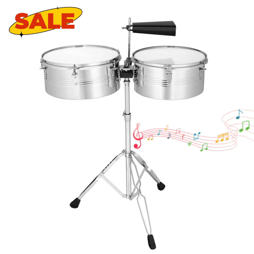 Hassch Timbales Instrument, 13 inch & 14 inch Timbales Drum Set with Stand, Drumsticks and Cowbell for Beginners, Silver