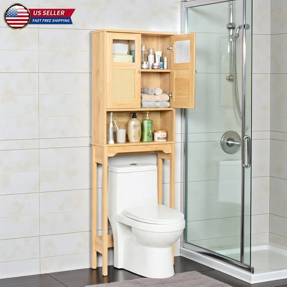 Hassch Over the Toilet/Washer Cabinet, 66.9" H Tall Bathroom Space Saver with 2 Rattan Doors, Modern Freestanding MDF Storage Organizer with Adjustable Shelf and Open Compartment, Natural