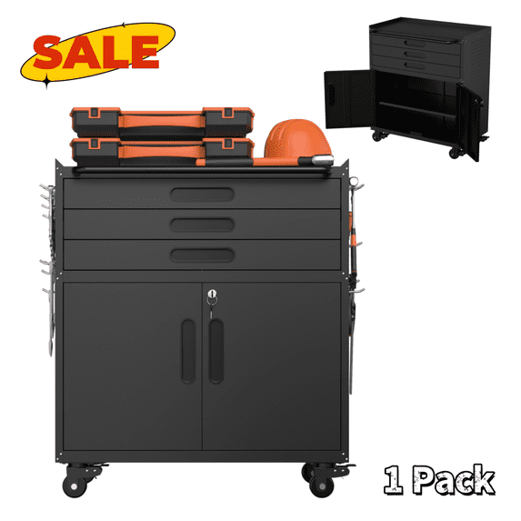 Hassch Tool Cabinet with Wheels, Storage Cabinet with Lockable Doors and 3 Doors, Metal Cabinet with Adjustable Shelf for Garage, Warehouse, Workshop, Black
