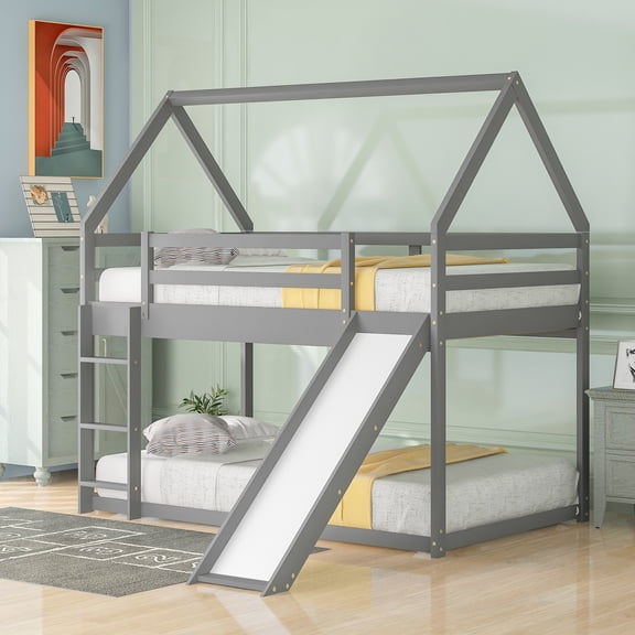 Hassch Twin Size Bunk House Bed with Slide and Ladder, Gray