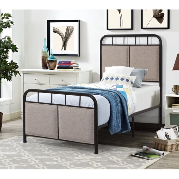 Hassch Twin Size Metal Platform Bed Frame with Linen Upholstered High Headboard, Beige