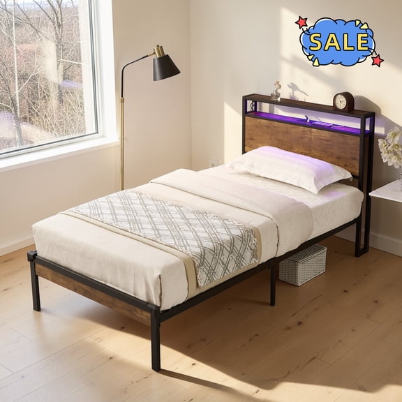 Hassch Twin Size Platform Bed with Charging Station and LED Lights, Metal Bed Frame with Wooden Headboard and Footboard, No Box Spring Needed, Black & Brown