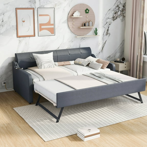 Hassch Twin Size Upholstery Daybed With Trundle And Usb Charging Design,Trundle Can Be Flat Or Erected,Gray